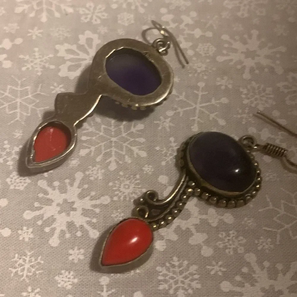 Sterling Silver 925 Blue Orange‎ Coral Drop Earrings Pierced